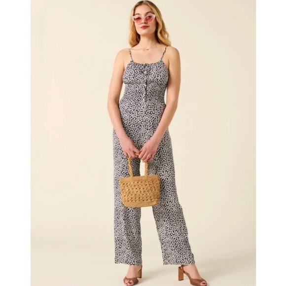 Rouje Paris Doriane Floral Smocked Bow Button Front Wide Leg Jumpsuit 34 US 2 - Picture 1 of 8